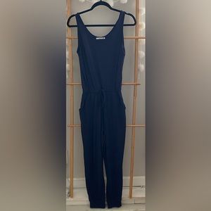 Navy Blue Casual Sleeveless Drawstring Pants Romper With Pockets